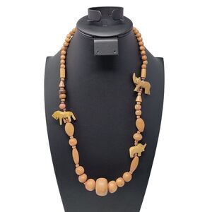 Vintage Carved Wood Animal Beaded Opera Necklace Tribal 26” Long Barrel Closure‎